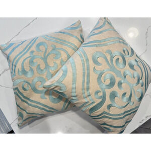 Pair of Elegant Linen Embroidered Pillows Down Feather Filled 16 x 16 inches
